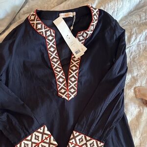 Tory Burch Navy Tunic with Red & Cream Embroidered Trim
